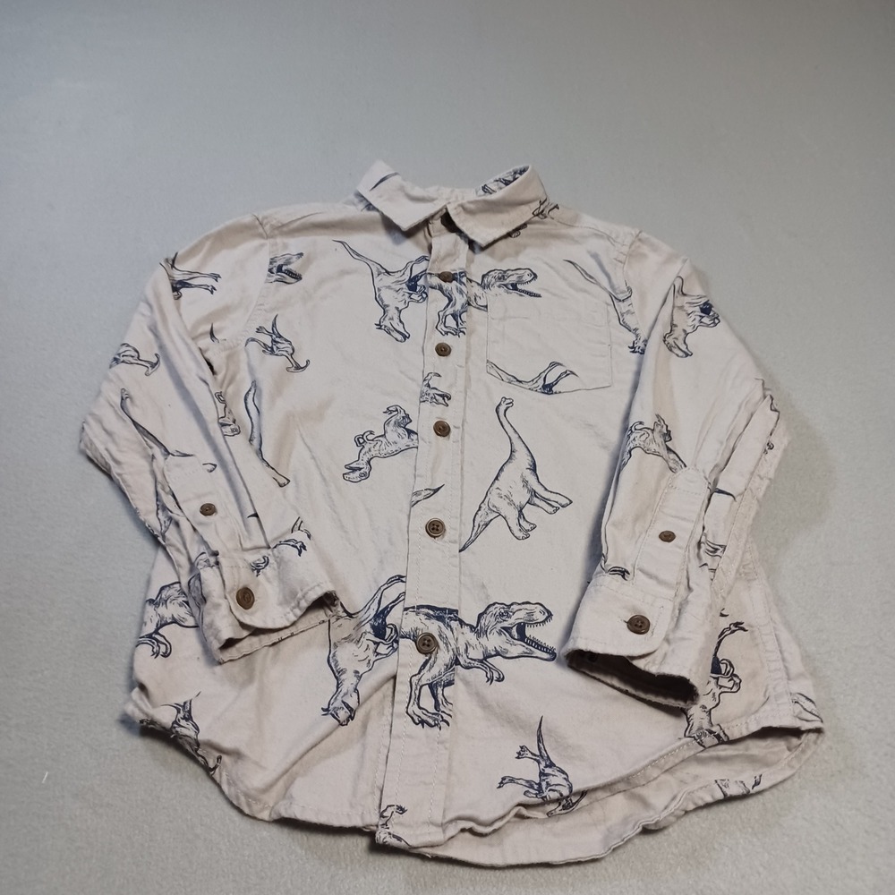 Cat & Jack Boys Dinosaur Print‎ Button Down Shirt Gray Cotton Size S 6/7 T-Rex